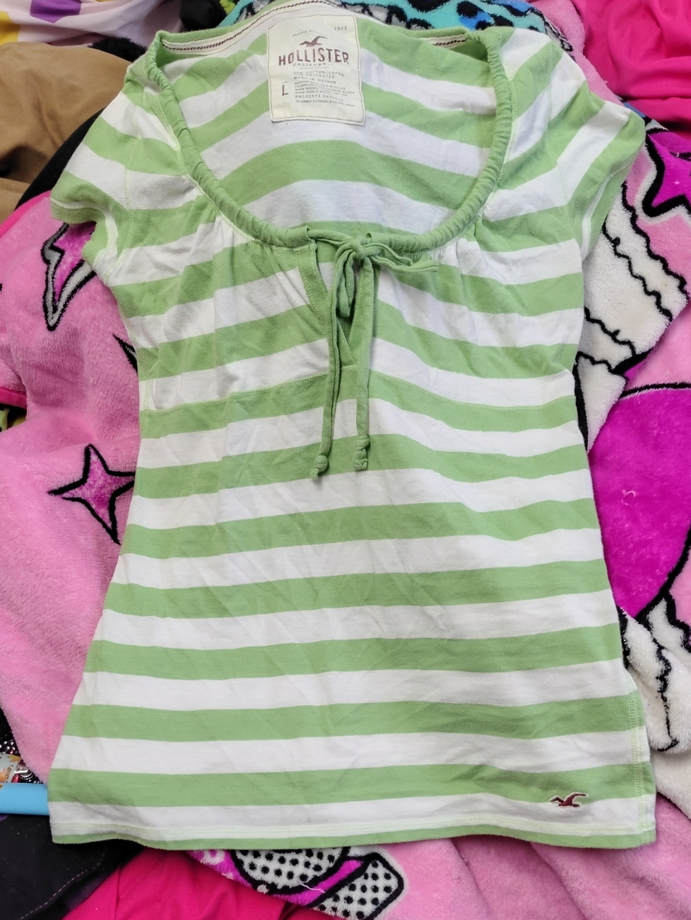 Hollister Light Green & White Striped Scoop Tie-Front Tee